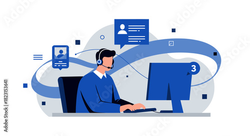 Customer Service Representative Working at Computer with Headset.