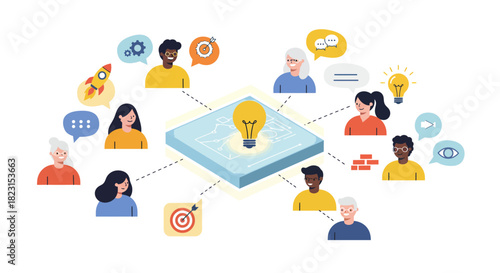 Collaborative Team Brainstorming Ideas Around a Central Concept.