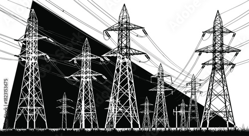 High voltage electricity pylons, transmission towers with power lines, energy infrastructure illustration, black and white vector art, renewable grid connection design
