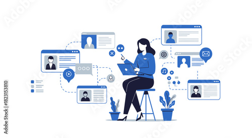 Woman Working on Laptop with Social Media Icons.