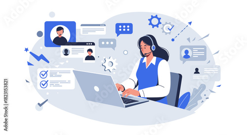 Customer Service Representative Working on Laptop with Headset.