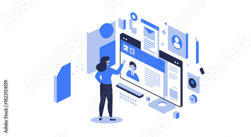 Woman Interacting with Online Interface Isometric Illustration.