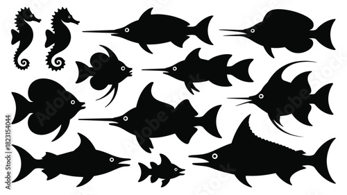 Fish and seahorse silhouettes marine life