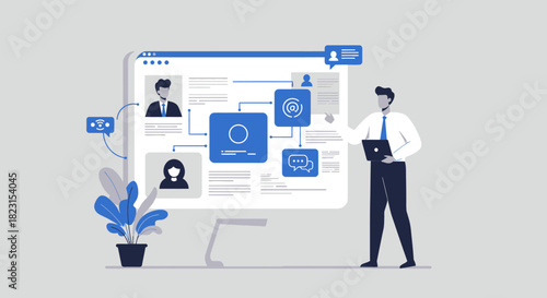 Businessman Analyzing Online Profile on Computer Screen.