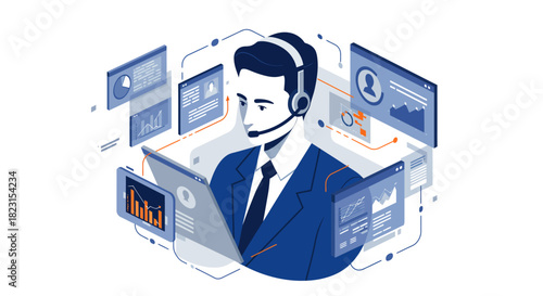 Customer Service Representative with Headset and Data Screens.