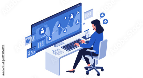 Woman Working at Desk with Computer and Headset.