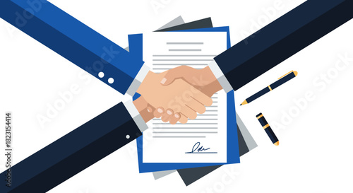 Business Agreement Handshake Over Signed Contract Document.