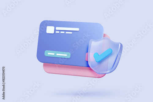 3D shield protection icon signs with credit card for online payment on white background concepts, user account for security with payment protection. 3d cursor icon vector render illustration