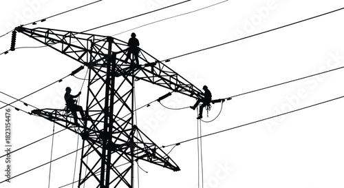 High voltage transmission tower workers silhouette, electrical grid maintenance safety