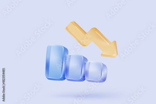 3D graph with plummeting on blue background. Business failure with negative trend concept, bar chart down. 3d representation for finance investment. 3d trading stock icon vector render illustration
