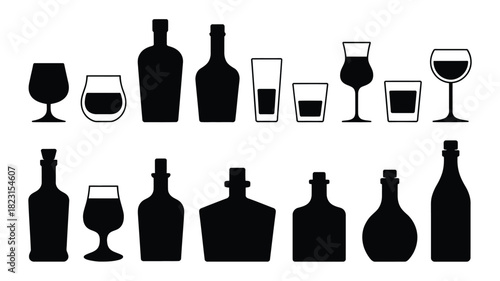 Alcohol bottles and glasses silhouette set