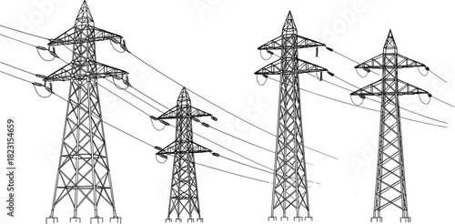 High voltage transmission towers vector illustration, electricity pylons with power lines, energy infrastructure design, electrical grid network, industrial utility system, renewable energy concept
