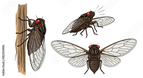 Illustration of three cicadas, one climbing a tree trunk and two with spread wings showing detail