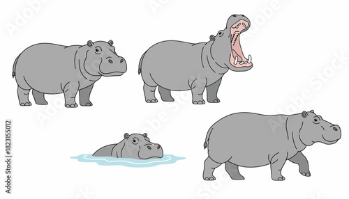 Collection of illustrated hippopotamus in various poses, including swimming and yawning