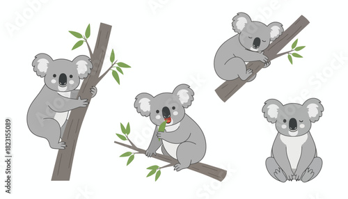 Cute Koala Illustrations - Adorable Grey marsupials in various poses on branches