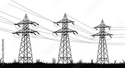 High voltage transmission towers, electricity pylons with lattice steel framework, vector silhouette illustration, energy distribution infrastructure design, black and white power line artwork
