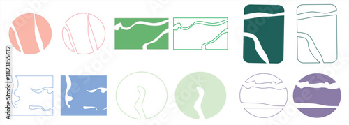 Modern abstract organic line-shape icon set featuring fluid wavy contours in circular and rectangular frames, minimalist geometric aesthetic ideal for creative design use.