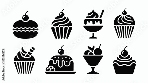 Black dessert sweet food icons set vector