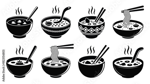 Hot soup and noodle bowls icon collection