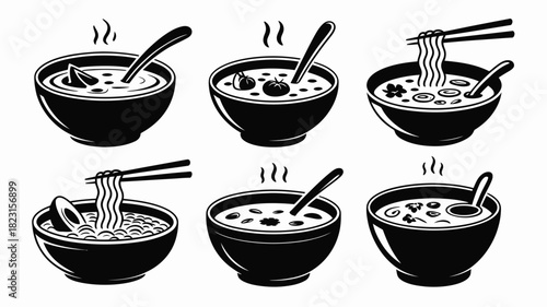Set of hot steaming soup and noodle bowls