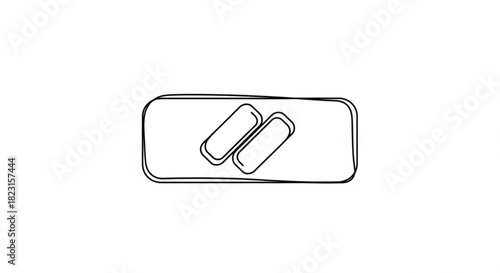 Minimalist continuous line art drawing illustrating two elongated capsules resting on a rectangular base, ideal for medical or health concepts
