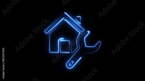 Neon blue house and wrench icon on black background for home repair building spanner