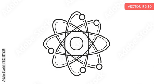 Line art atom icon with central nucleus and orbiting electrons, symbolizing science, physics, chemistry, research, and atomic structure illustration.