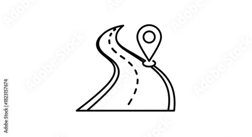 Road path with location pin icon line art drawing, illustrating navigation, travel, destination, route finding, and map services concept.