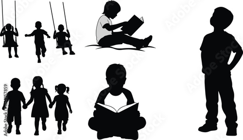 Children activity silhouette set, swinging, reading, walking, standing, black on white, playful and educational icon