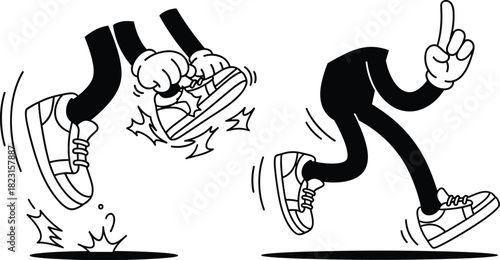 Cartoon running and jumping legs, sneakers, gloved hands, black and white, dynamic motion pose, animated character limbs