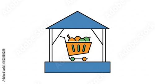 Illustration of a vibrant market stall featuring a shopping cart filled with fresh, colorful produce, depicting local retail and commerce