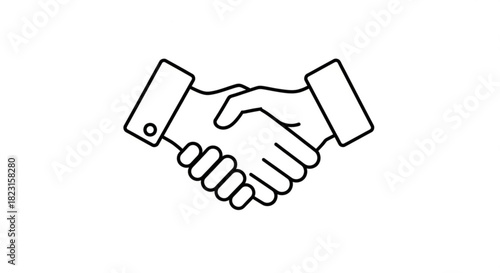 Line art handshake icon symbolizing agreement, partnership, deal, greeting, collaboration, and trust on a crisp white background