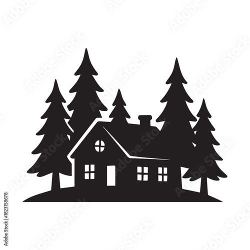 Rustic Cabin in Pine Forest Silhouette Vector Icon for Nature and Home Concepts