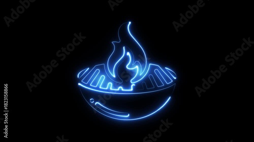 Blue neon outline of a diya lamp with flame on black background glowing