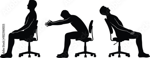 Office chair sitting posture silhouette set, upright, forward lean, reclined, black on white, ergonomic pose icon