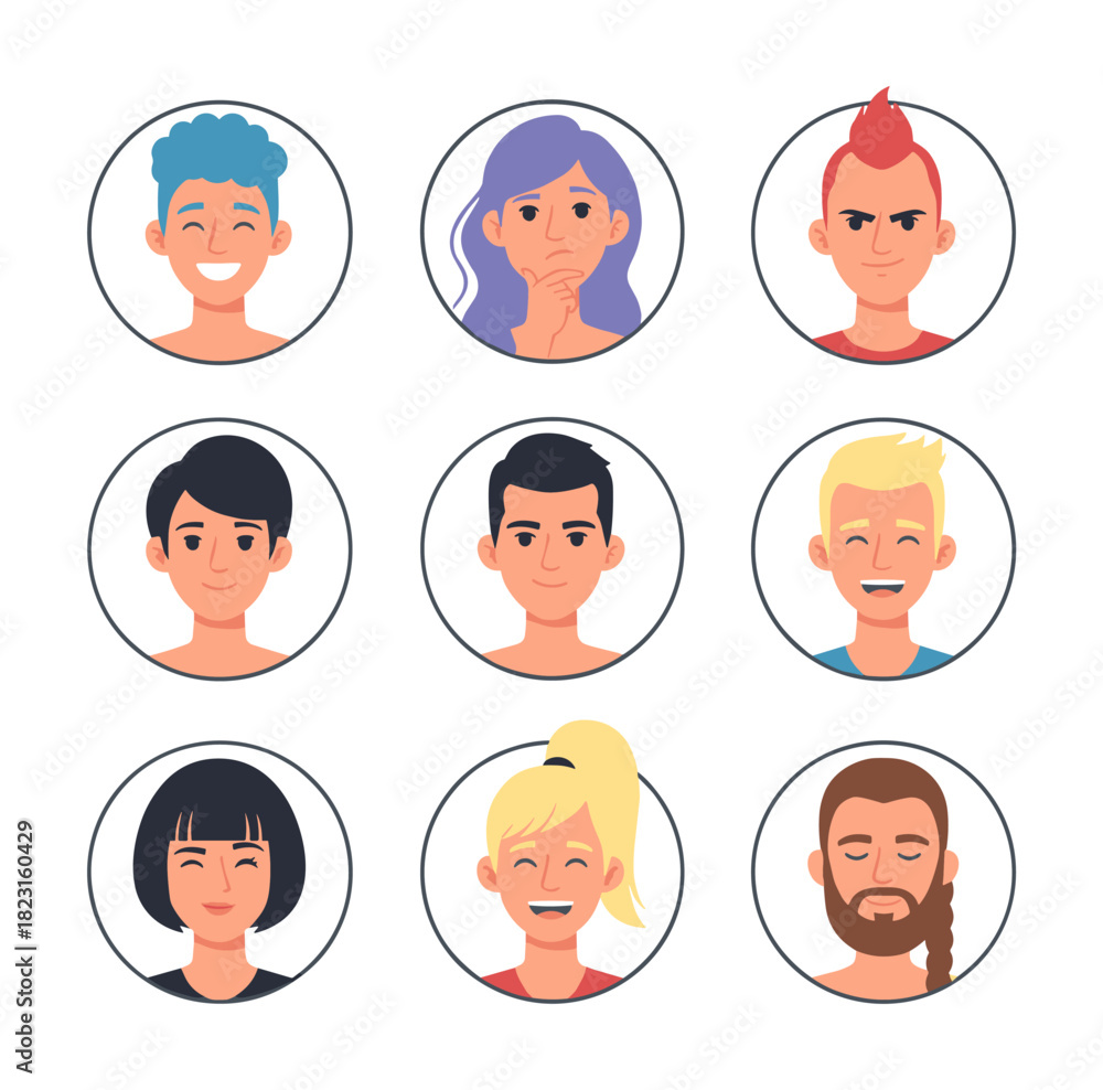 Fototapeta premium Diverse cartoon avatar heads expressing various emotions