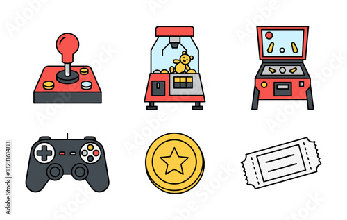 Arcade gaming elements including joystick, pinball, and claw machine