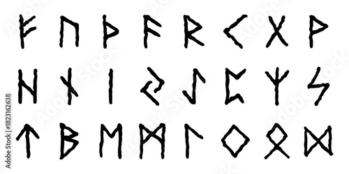 Set of hand drawn viking runes Ancient scandinavian futhark germanic celtic alphabet clipart in doodle style Single element for print, web, design, decor