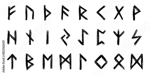 Set of hand drawn viking runes Ancient scandinavian futhark germanic celtic alphabet clipart in doodle style Single element for print, web, design, decor