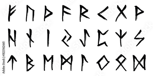 Set of hand drawn viking runes Ancient scandinavian futhark germanic celtic alphabet clipart in doodle style Single element for print, web, design, decor