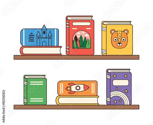 Children's story books on bookshelves fostering education