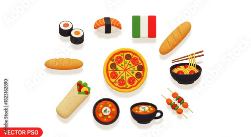 A vibrant collection of international cuisine icons, featuring popular dishes from around the world in a flat 2D vector style