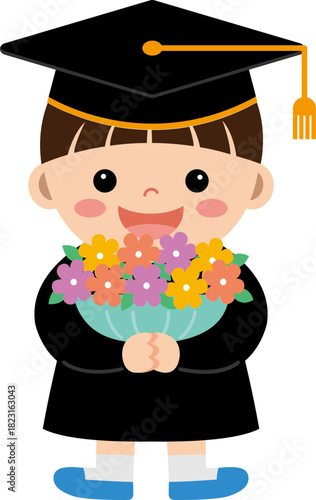 졸업 꽃다발을 들고 있는 어린이