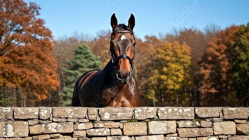 Majestic Bay Horse Stands Poised by Rustic Stone Wall, Vibrant Autumn Forest Backdrop