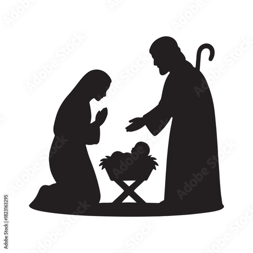 Silhouette of the Nativity Scene Mary, Joseph, and Baby Jesus in a Manger