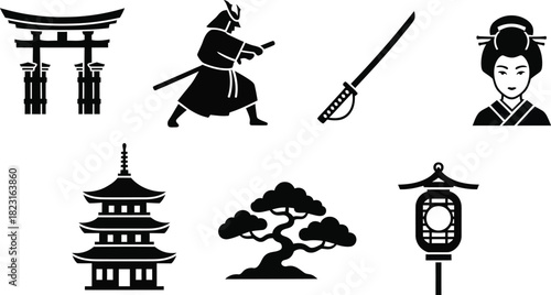 Japanese Culture Icons: Torii Gate, Samurai, Geisha, Pagoda, Bonsai, Lantern - Black and White Symbols of Japan