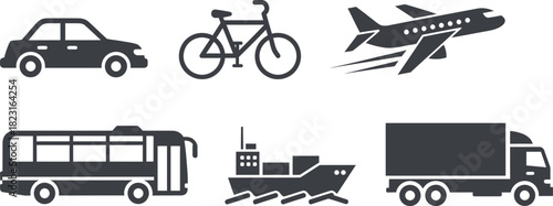 Transportation Modes Icon Set: Car, Bike, Plane, Bus, Ship, Truck