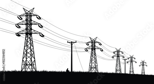 Silhouette transmission towers and utility poles with power lines across grassy landscape, vector illustration for stock content in electricity distribution and energy infrastructure