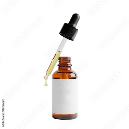 Isolated amber glass cosmetic dropper bottle with blank label and dripping oil. isolated PNG with Transparent Background