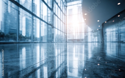 Abstract blurred glass building interior with light and shadow effects, modern blue business background, empty office space, panoramic view, and corporate design. High quality. High quality